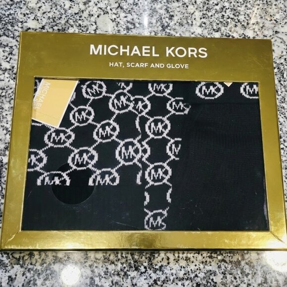 Michael Kors MK Logo Hat Scarf & Gloves Gift Set Black NWT in Box - Picture 1 of 8